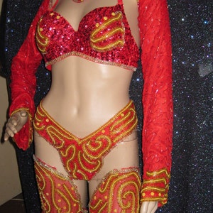 Red Gold Sequin bead Vegas Showgirl Burlesque Samba Costume image 4