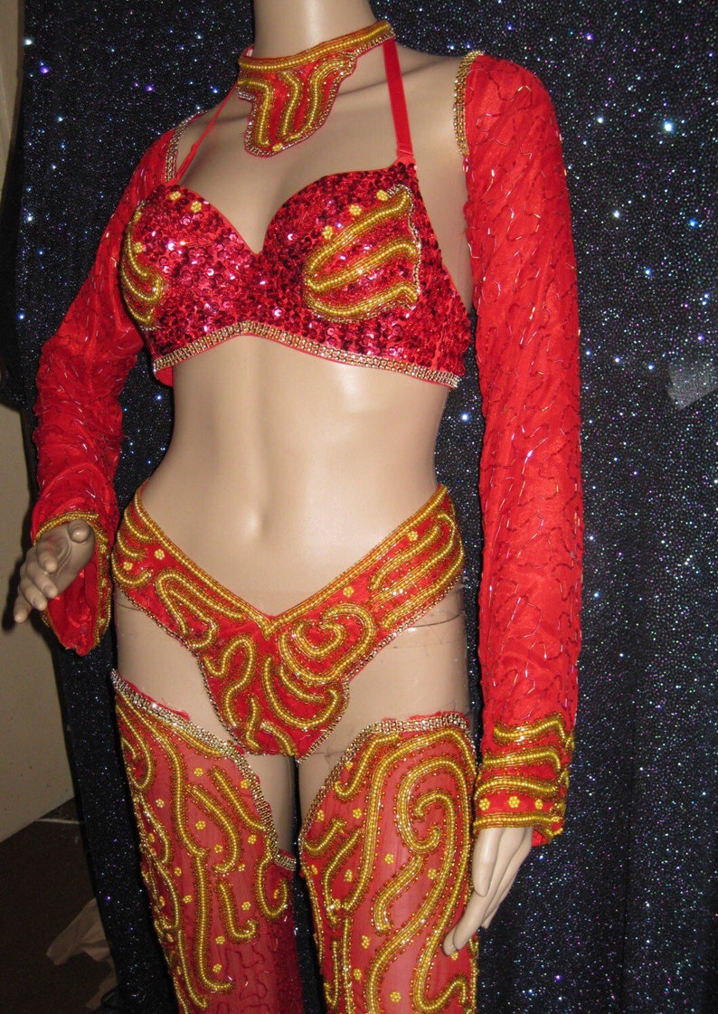 Red Gold Sequin bead Vegas Showgirl Burlesque Samba Costume image 4