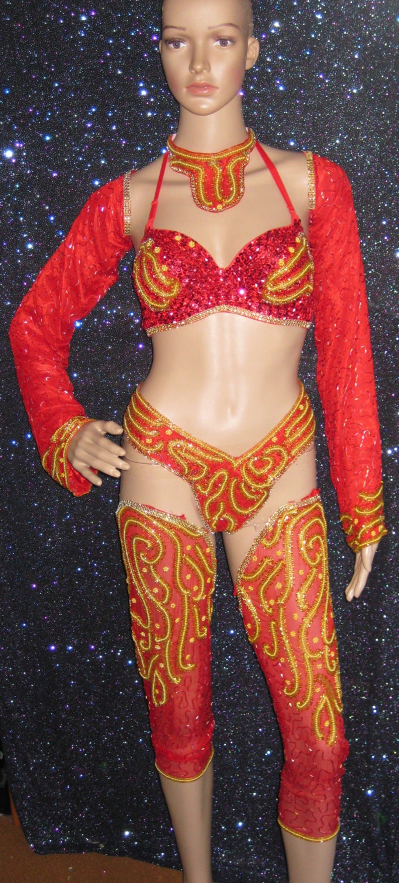 Red Gold Sequin bead Vegas Showgirl Burlesque Samba Costume image 1