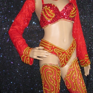 Red Gold Sequin bead Vegas Showgirl Burlesque Samba Costume image 3