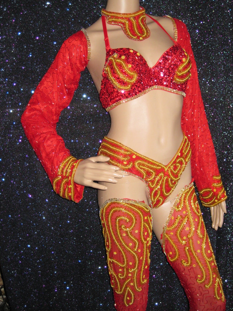 Red Gold Sequin bead Vegas Showgirl Burlesque Samba Costume image 3