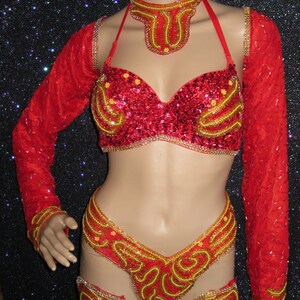 Red Gold Sequin bead Vegas Showgirl Burlesque Samba Costume image 2