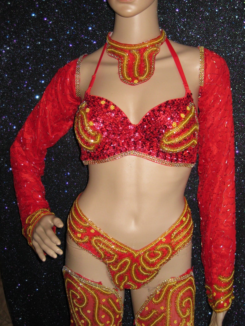 Red Gold Sequin bead Vegas Showgirl Burlesque Samba Costume image 2