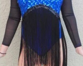 Black Blue Sequin Fringe Sheer Vegas Showgirl Burlesque Drag Samba Flapper 1920s style Halloween Costume