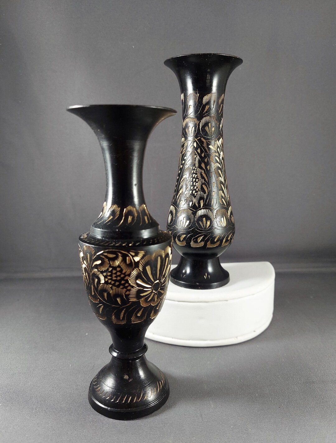 Two Vintage Small Vases Made in India Brass Black Enamel Etsy