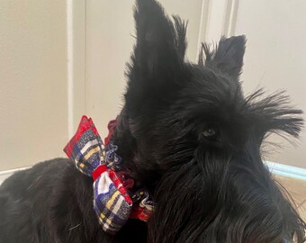 Red ,White & Blue Plaid Bow-tie Collar - Handmade