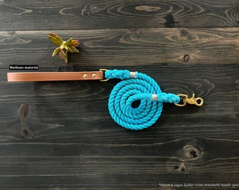 Solid Color Rope Dog Leash with Removable Vegan Handle, Vegan Dog Leash, Rope Dog Leash, Luxury Dog Leash, Vegan Leather Dog Leash