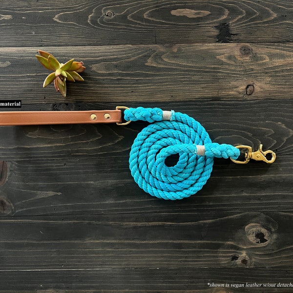 Solid Color Rope Dog Leash with Removable Vegan Handle, Vegan Dog Leash, Rope Dog Leash, Luxury Dog Leash, Vegan Leather Dog Leash