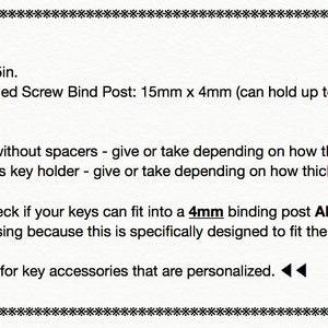 May include: A product description for a leather key holder with two gray nickel plated dumbbell styled screw bind posts. The key holder is 1.25 inches by 3.5 inches and can hold up to 12 keys. The description includes important information about the size of keys that can fit in the 4mm binding post. The description also states that no returns, refunds, or exchanges are possible for personalized key accessories.