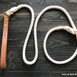 Ivory Slip Leash with Leather Handle, Dog Slip Lead Leash, Rope Dog Leash, Luxury Dog Leash, Leather Dog Leash, Training Slip Leash