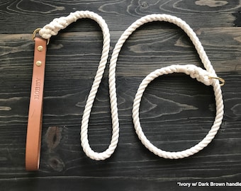 Ivory Slip Leash with Leather Handle, Dog Slip Lead Leash, Rope Dog Leash, Luxury Dog Leash, Leather Dog Leash, Training Slip Leash
