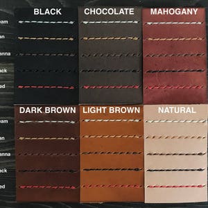May include: Leather swatches in various colors, including black, chocolate, mahogany, dark brown, light brown, and natural. Each swatch has five rows of stitching in different colors, labeled "cream", "tan", "havanna", "black", and "red".