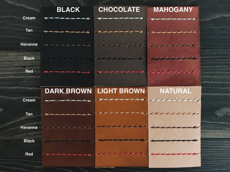 May include: Leather swatches in various colors, including black, chocolate, mahogany, dark brown, light brown, and natural. Each swatch has five rows of stitching in different colors, labeled "cream", "tan", "havanna", "black", and "red".