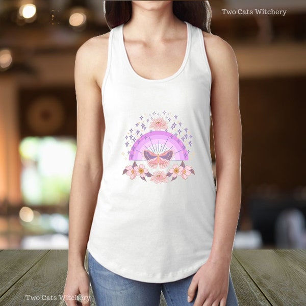 Whimsical Women's Meditation Yoga Tank Top with Rainbow, Butterfly, Pink Floral Flowers. New Age Shirt for Her, Boho Gift for Friend, Mom