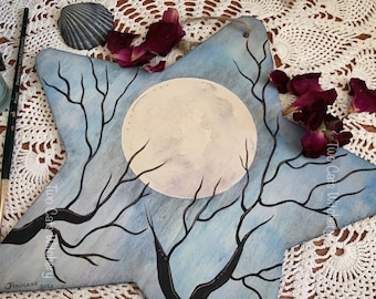 Full Moon Original Painting with Black Branches on Wooden Star Canvas, Ready to Hang Whimsical Wall Art, Witch Decor Moon Lover Gift for Her