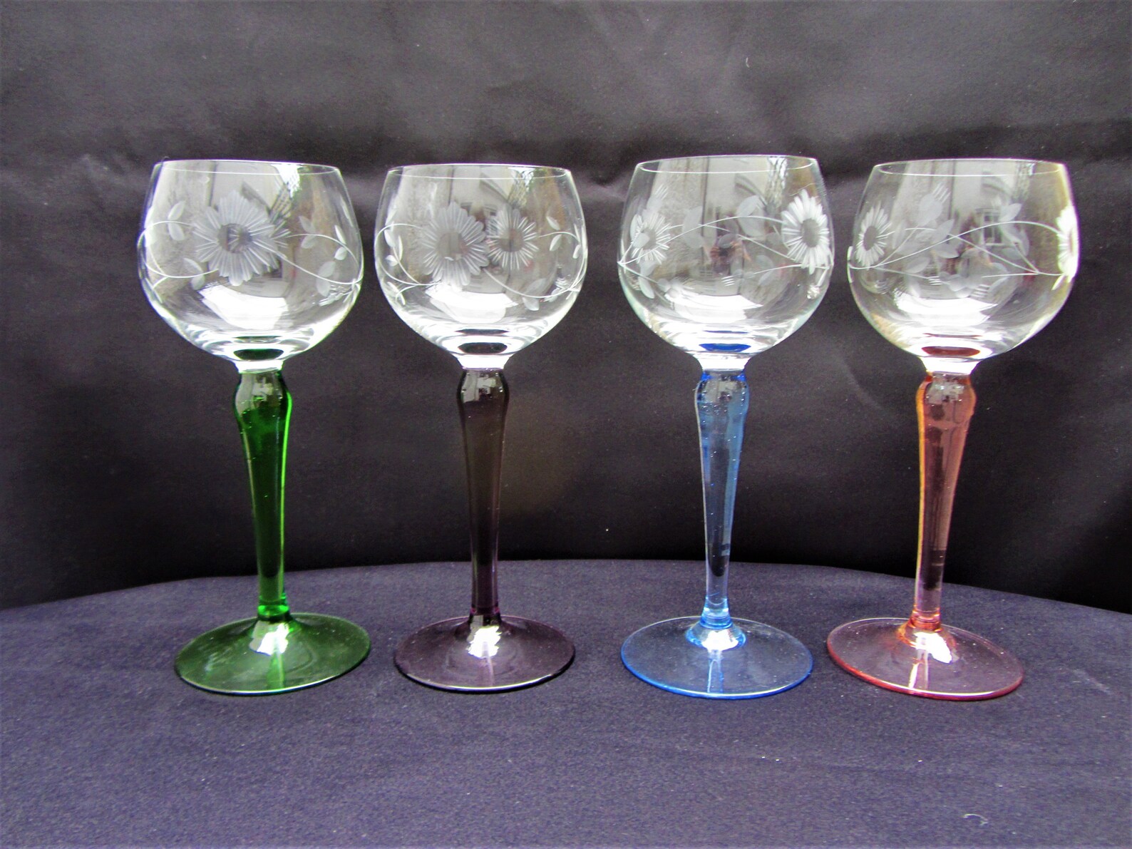 Set of four hock glasses coloured stems cut and etched Etsy