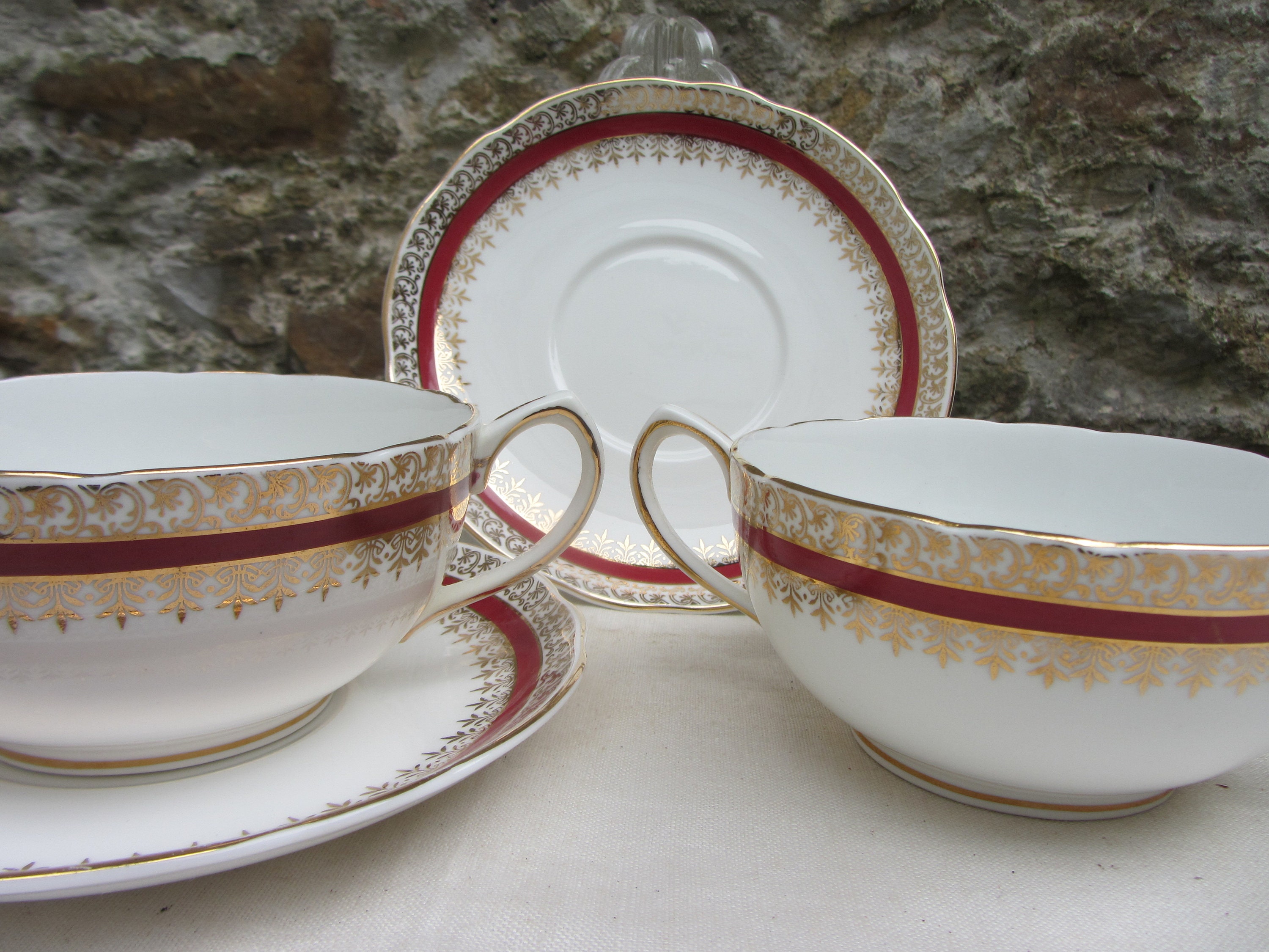 Classic pair of twin handled soup bowls and saucers. Red and Etsy