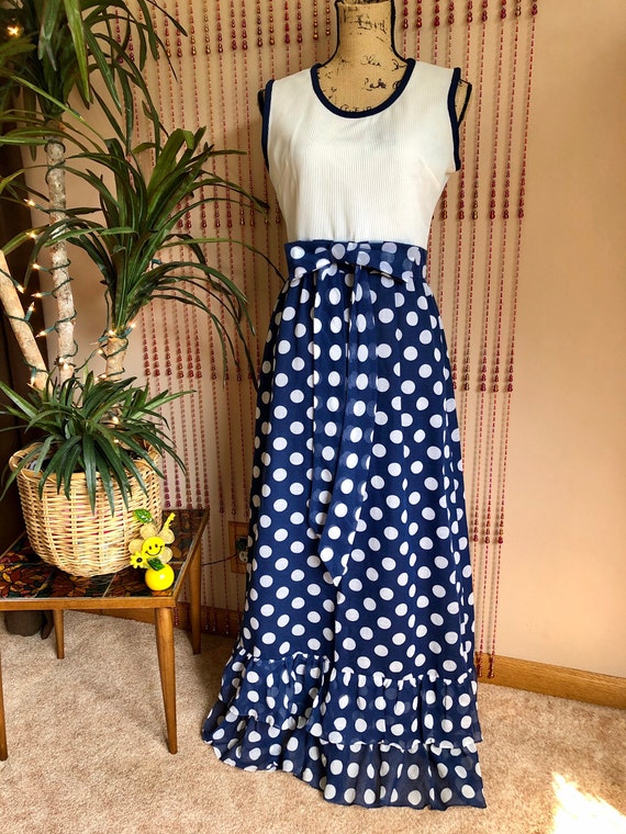 1970s White & Blue Polka Dot Maxi Dress