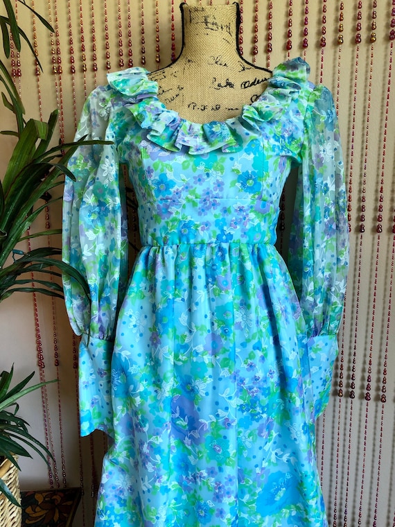 1970s Blue Flocked Fabric Maxi Dress