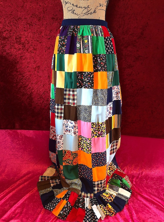 1970s Handmade Patchwork Hippie Maxi Skirt