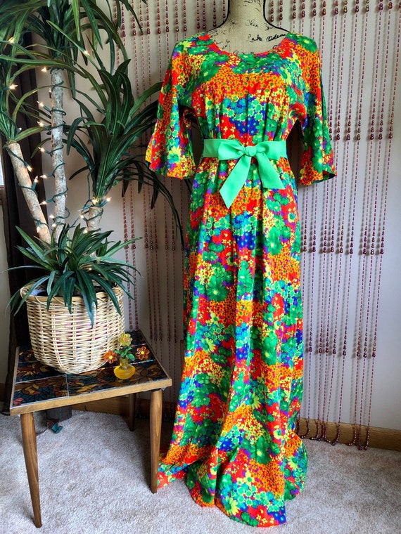 1970s Neon Psychedelic Floral Print Barkcloth Maxi