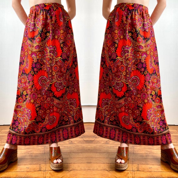 1970s Floral Psychedelic High Waisted Maxi Skirt,… - image 1