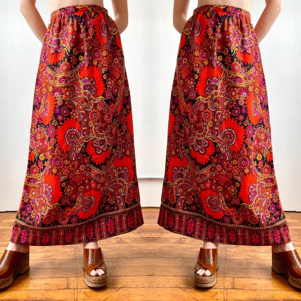 1970s Floral Psychedelic High Waisted Maxi Skirt, Vibrant Floral Skirt, Waist 26in