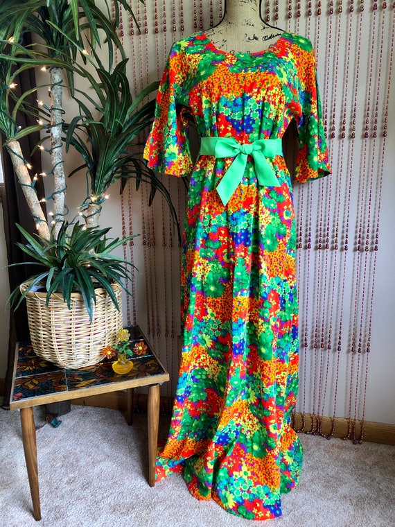 1970s Neon Psychedelic Floral Print Barkcloth Maxi