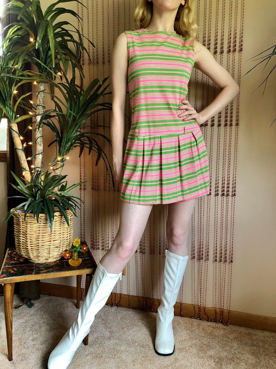 1960s/70s Pink & Green Striped Mod Mini Dress