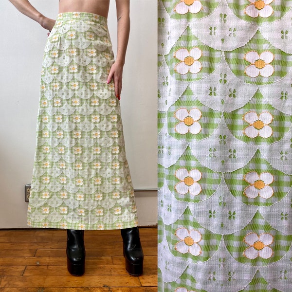 1960s Flower Power Gingham Maxi Skirt, Waist 26in