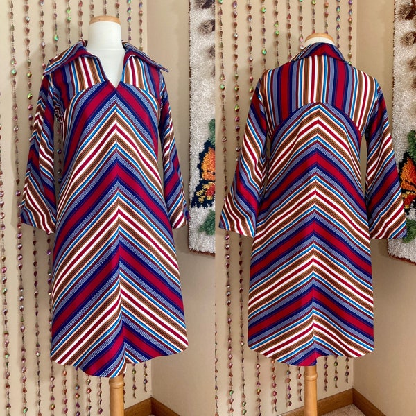 VTG 70S PURPLE YELLOW RED WHITE STRIPED FLORAL DAGGER BELTE SHIRT DRESS 12 14 main image 1