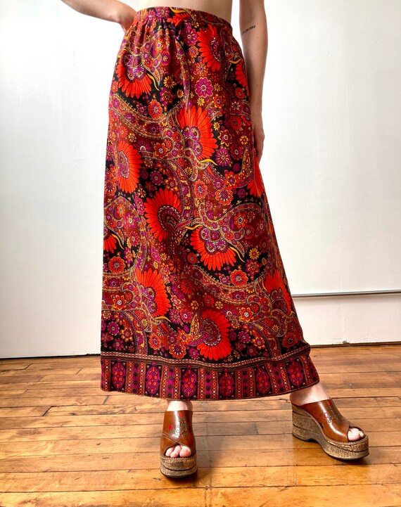 1970s Floral Psychedelic High Waisted Maxi Skirt,… - image 2