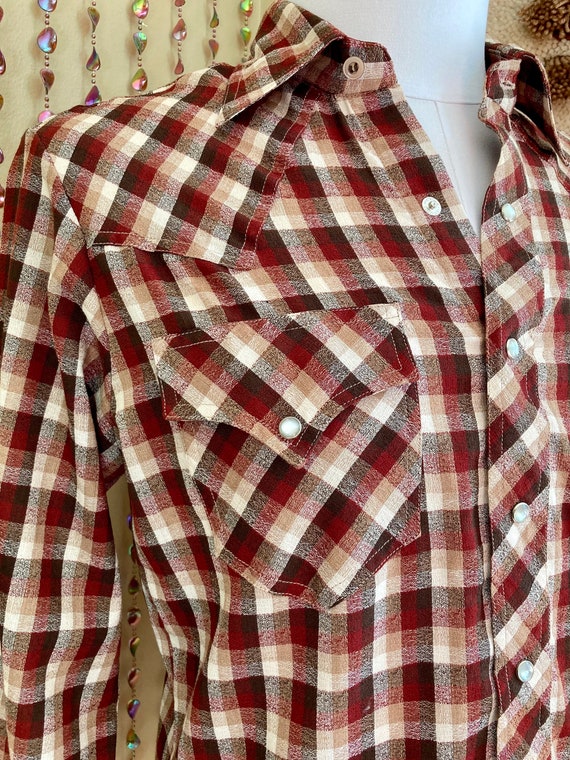 1980s Brown Plaid Western Wear Pearl Snap Shirt, … - image 2