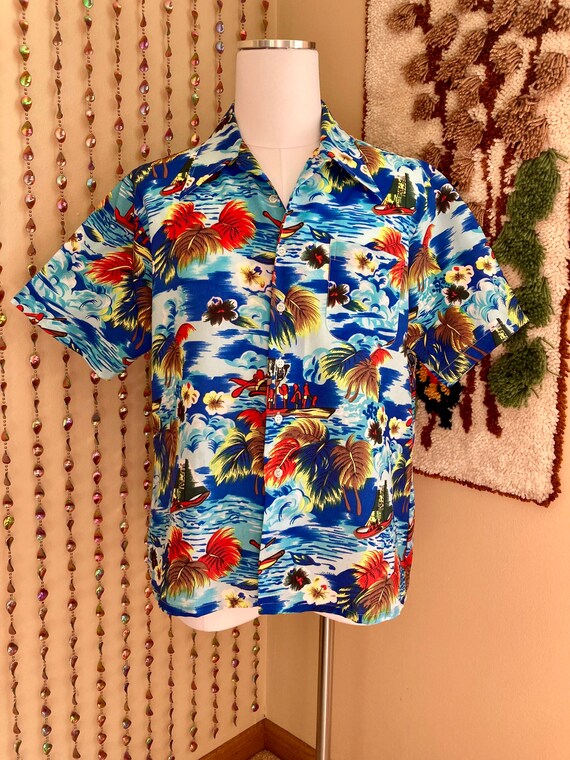 Men's Deep Blue Hawaiian Shirt 100% Cotton Button-down Short Sleeve Je