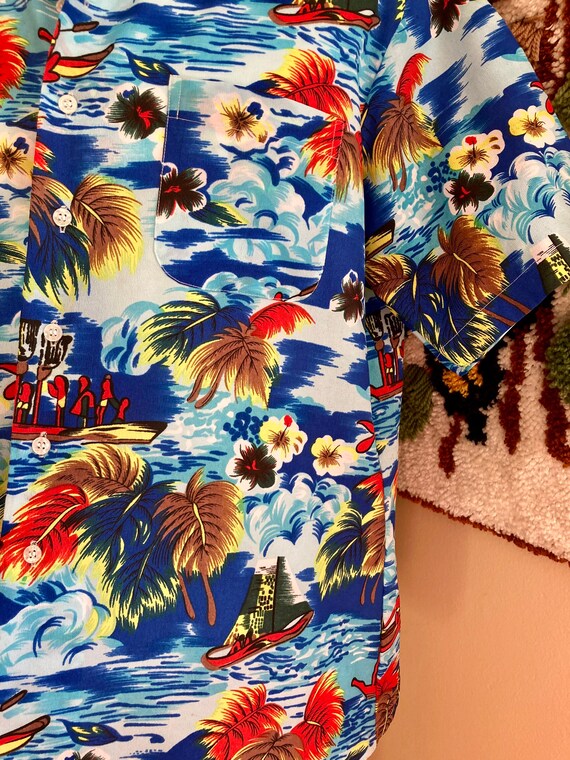 70’s-80’s Collared Tropical Print Blue Top by  Pua Hawaii