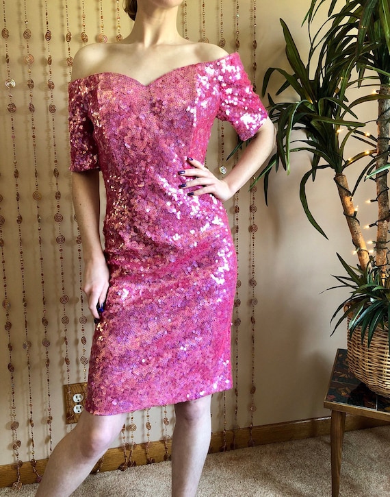 1980s Barbie Pink Iridescent Sequin Party Dress