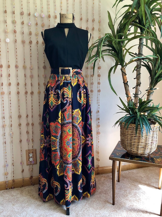 1970s Psychedelic Print Hippie Maxi Dress