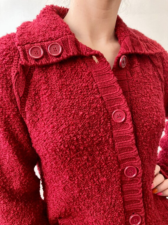 1970s Wine Red Bouclé Cardigan, Bust 36in - image 3
