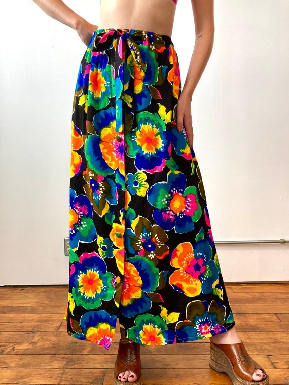 1970s Neon Floral Button Up Maxi Skirt - image 3