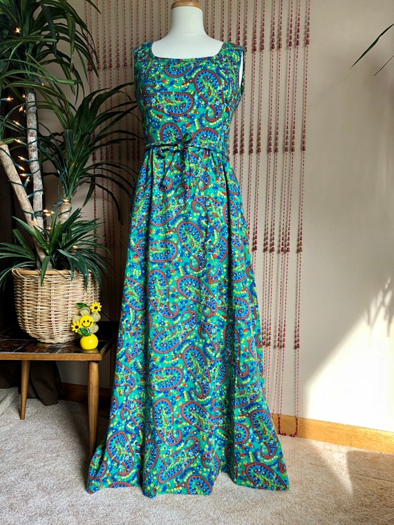 1970s Paisley & Floral Psychedelic Print Maxi Dres
