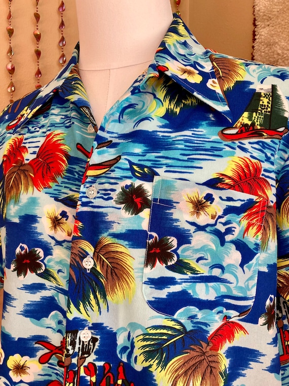 70’s-80’s Collared Tropical Print Blue Top by  Pua Hawaii main image 0