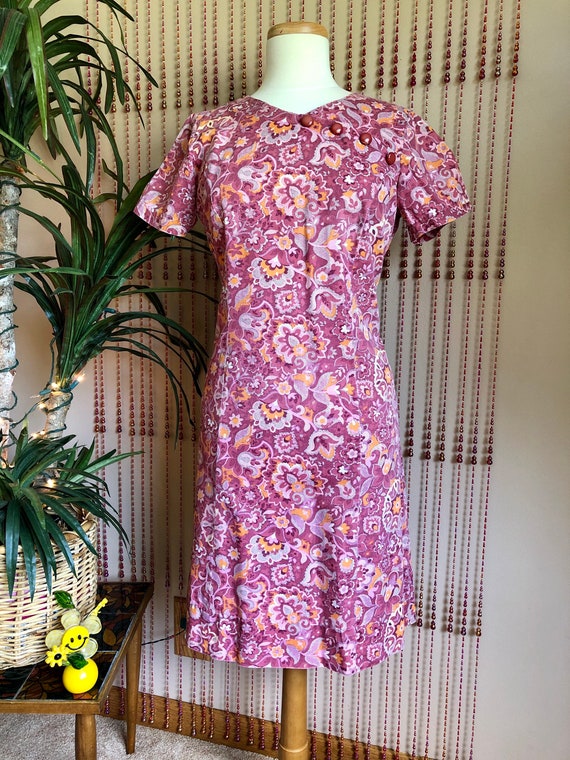1960s Groovy Pink Floral Print Cotton Dress