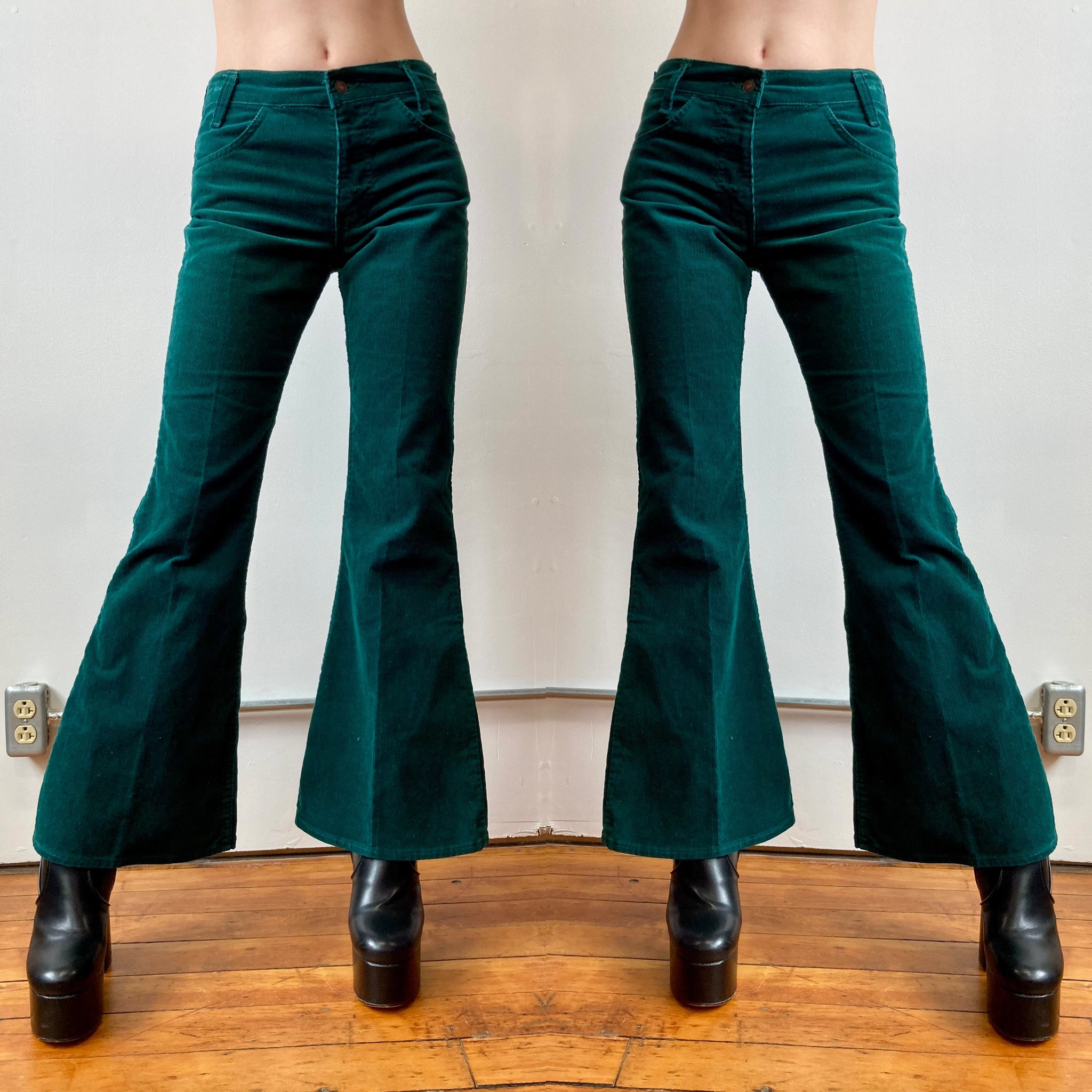 Women's High Rise Retro Corduroy Bell Bottoms Stretch Flare Pants 