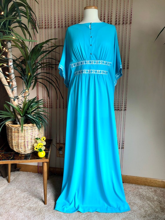 1970s Blue Mod Muu Muu Caftan Lounge Wear Dress