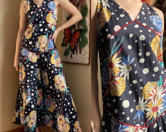 1930s Floral Cotton Beach Pajamas, Bust 34in