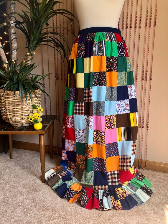 1970s Handmade Patchwork Hippie Maxi Skirt