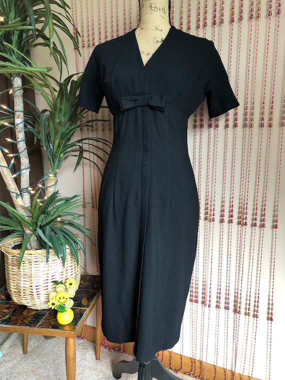 Early 1950s Black Pencil Dress With Bow Detail