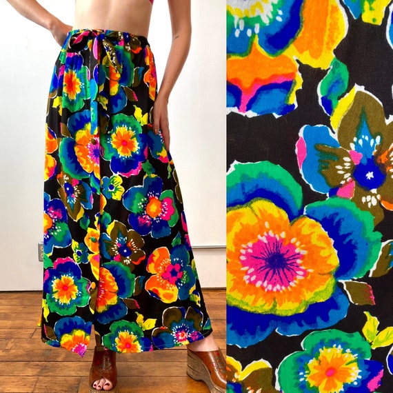 1970s Neon Floral Button Up Maxi Skirt - image 1