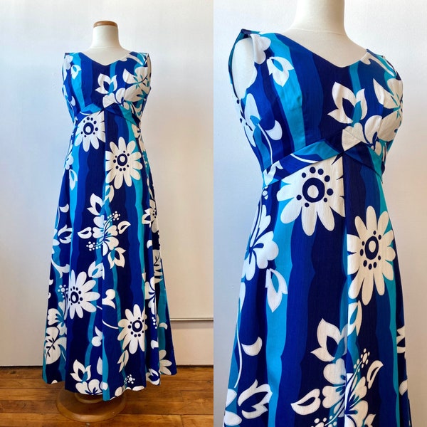 1960s / 1970s Blue Floral Hawaiian Maxi Dress, Bust 34in