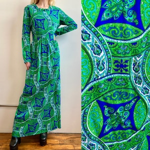 1960s 1970s Electric Psychedelic Print Maxi Dress, Bust 36in